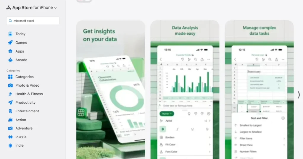 Microsoft Excel app store screenshots