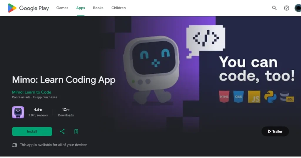 Mimo coding app preview video on Google Play Store