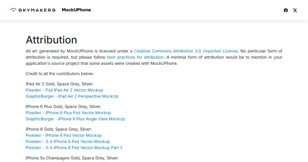 Attribution page on MockUPhone