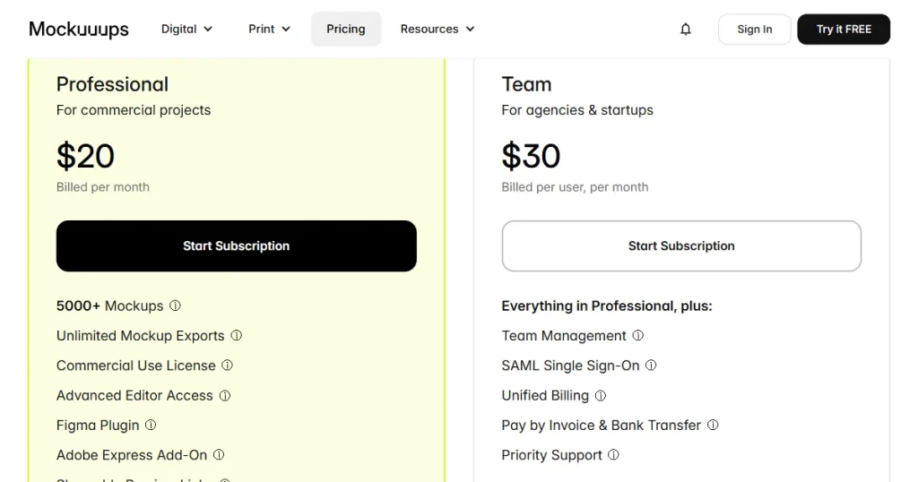Mockuuups Studio pricing page