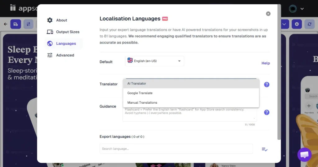 appscreens multiple text translator options