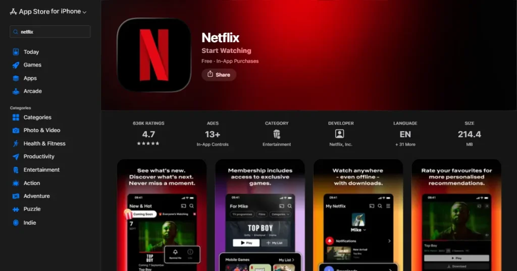 Netflix app on App Store