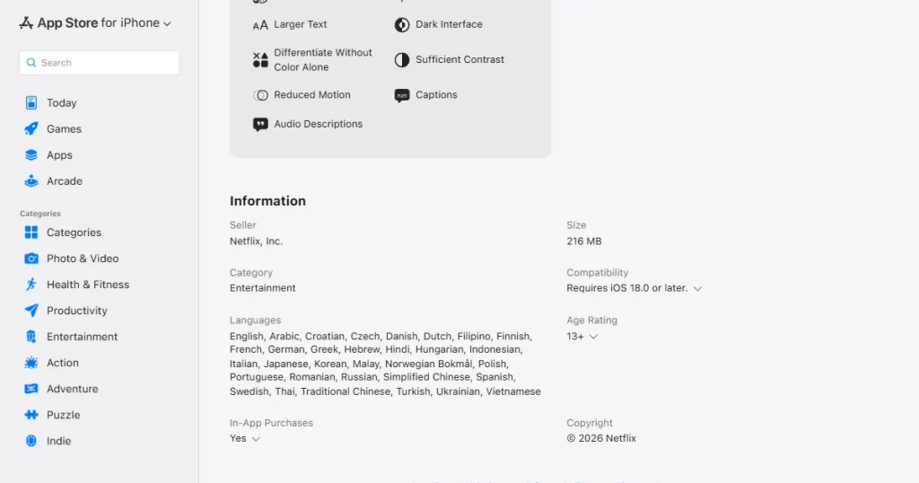 Netflix App store page language localization support