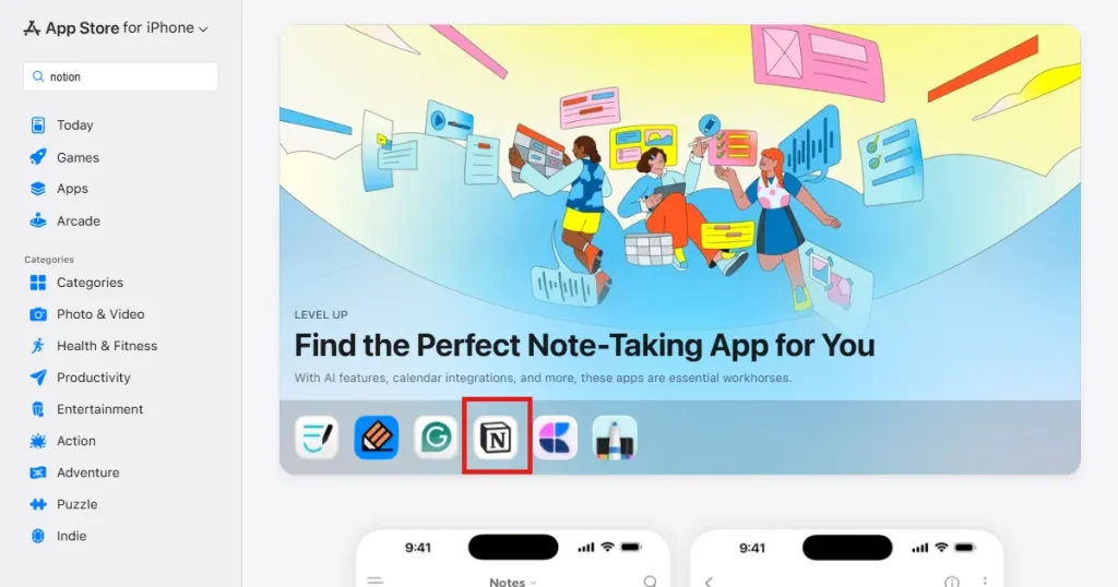 Notion app featured on the App Store
