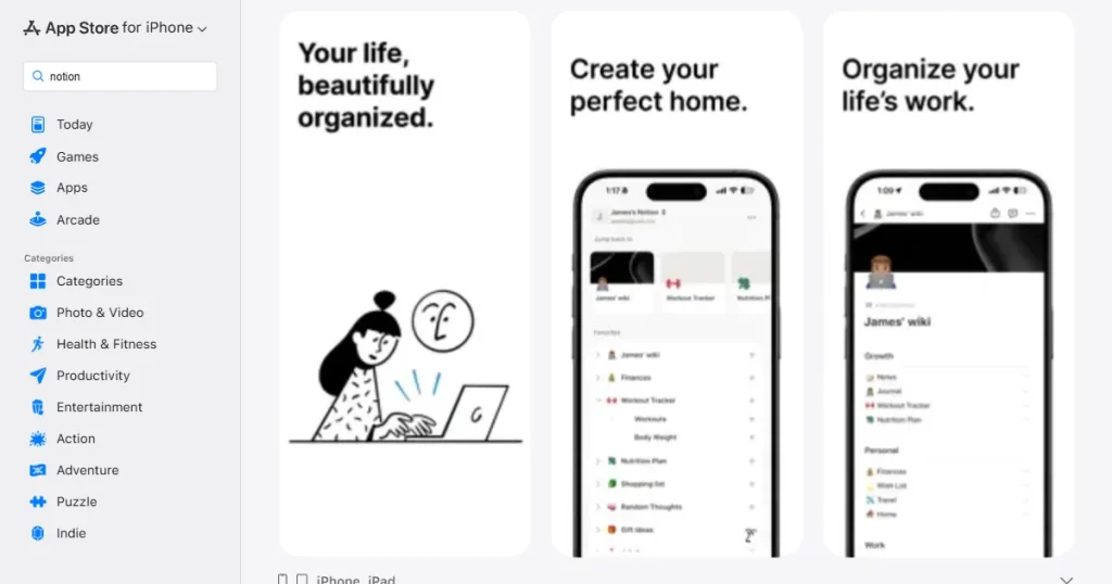 Notion app store screenshots
