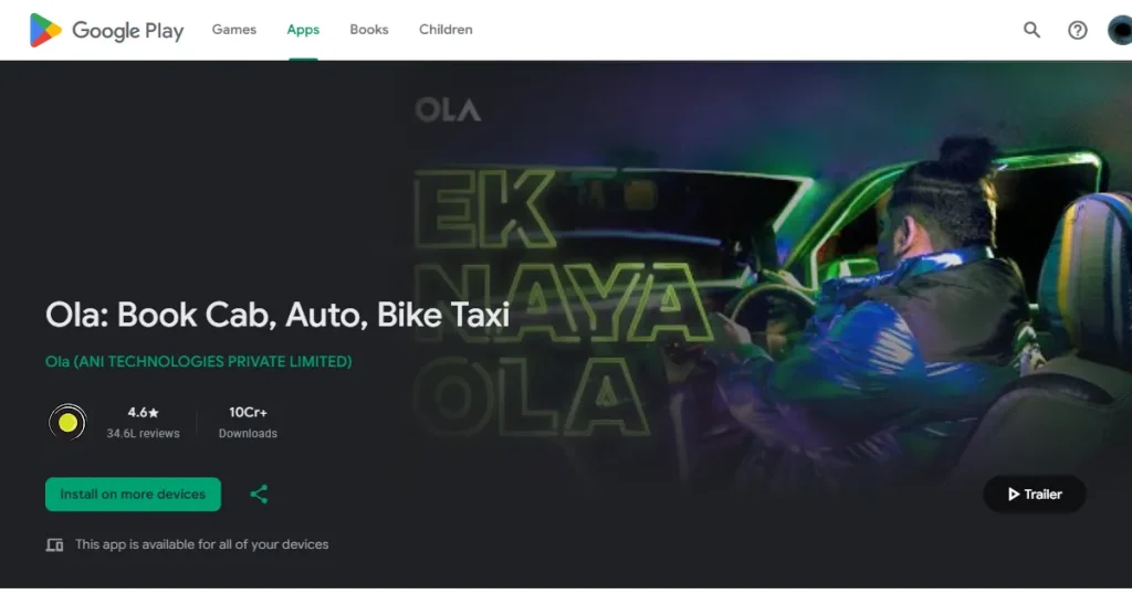 Ola app preview video on Google Play Store