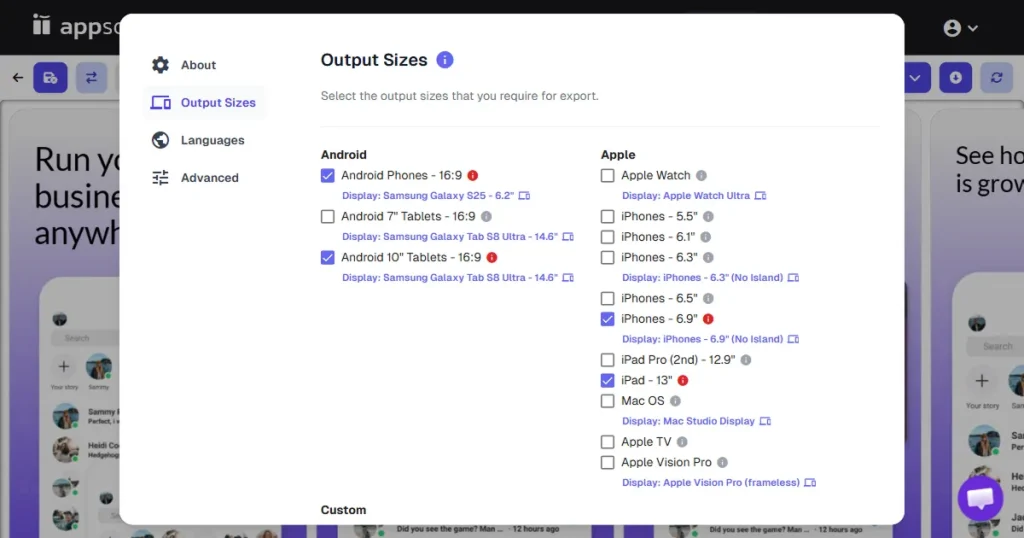 Appscreens screenshot output sizes