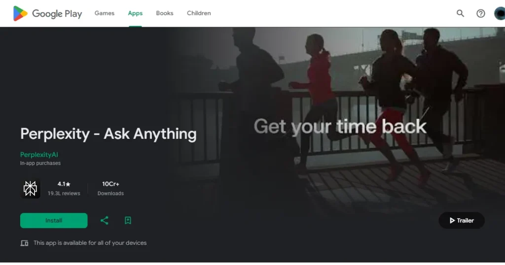 Perplexity preview video on Google Play Store