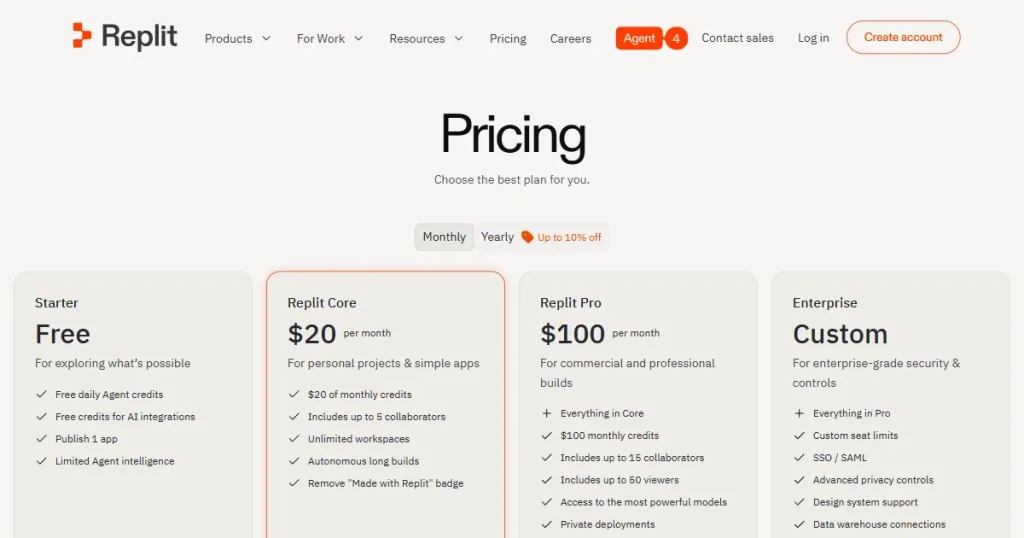 Replit pricing page