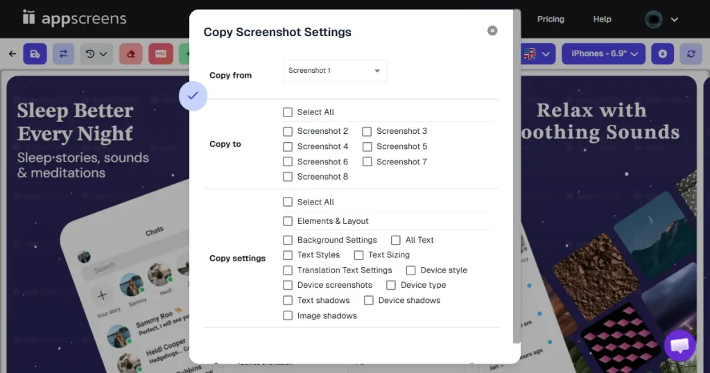 appscreens responsive design settings