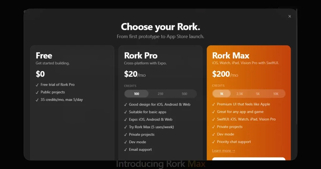 Rork pricing page