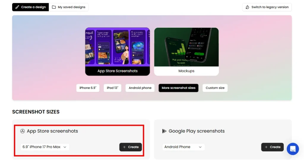 AppLaunchpad app store screenshots sizes