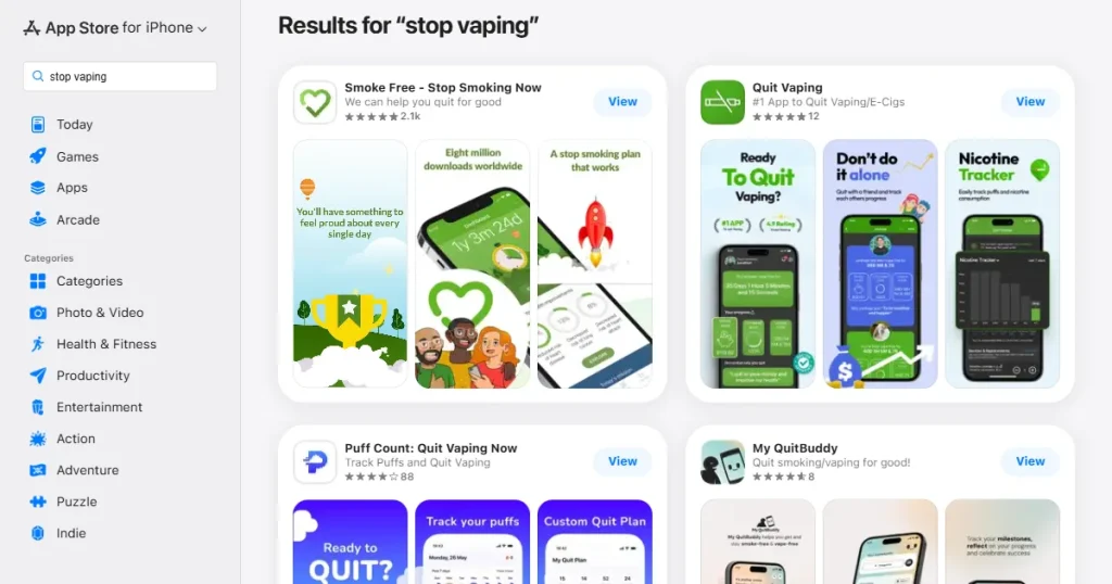 App store search results for stop smoking apps