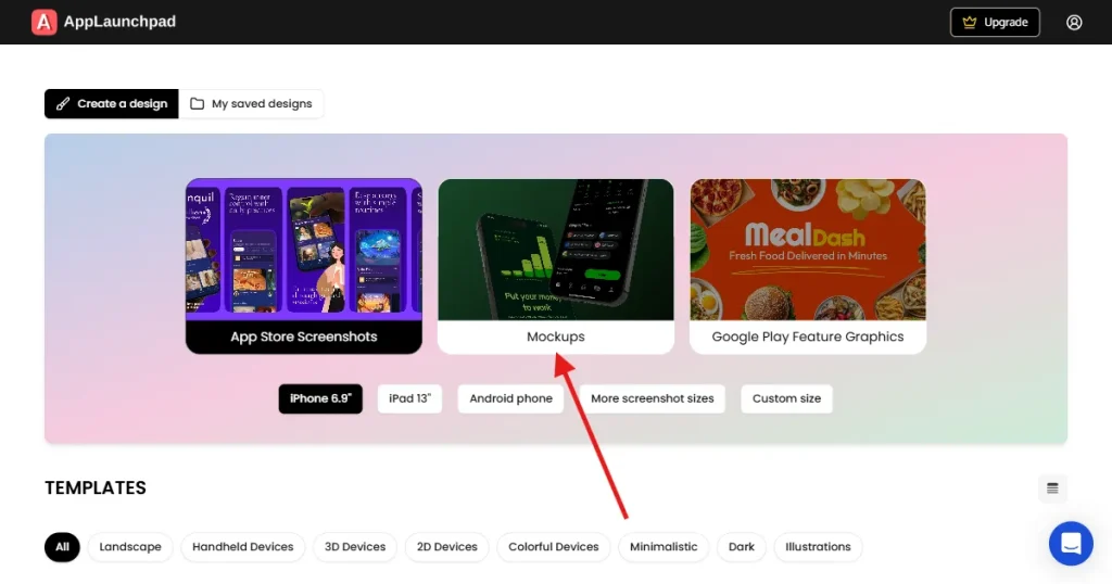 Select Mockups from the dashboard page
