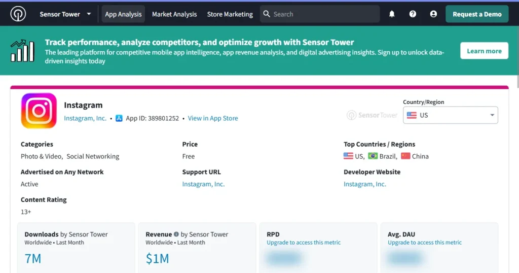 Sensor Tower Instagram analytics homepage
