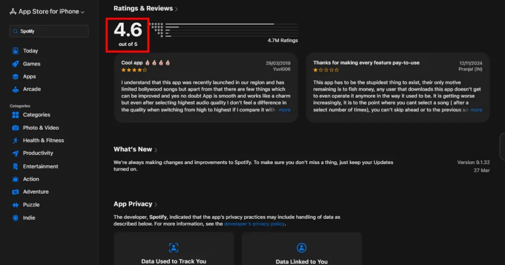 Netflix app rating on the App Store