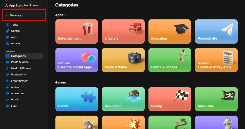 App Store search for Fitness app showing categories