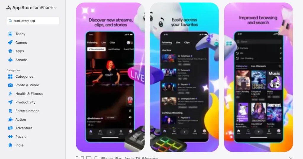 Twitch app screenshots on App Store
