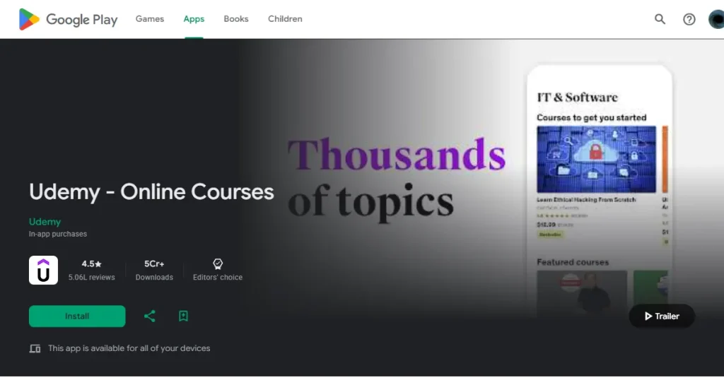 Udemy app preview video on Google Play Store