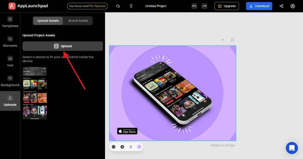 Upload app screen in the iPhone device frame