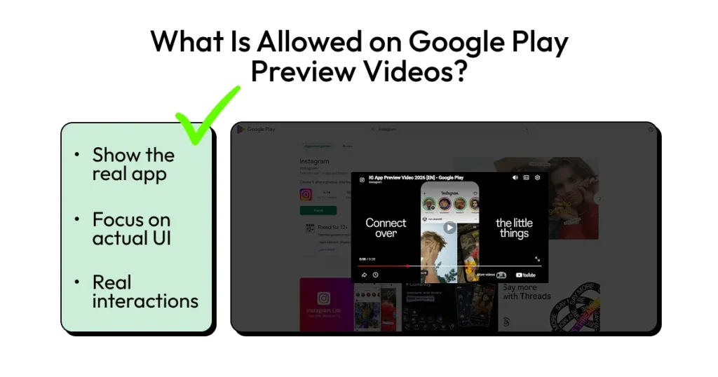 What is allowed on Google Play preview videos