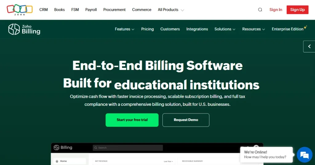 Zoho billing landing page