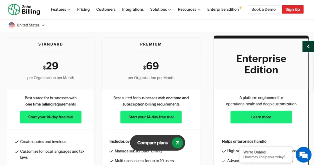 Zoho billing pricing page