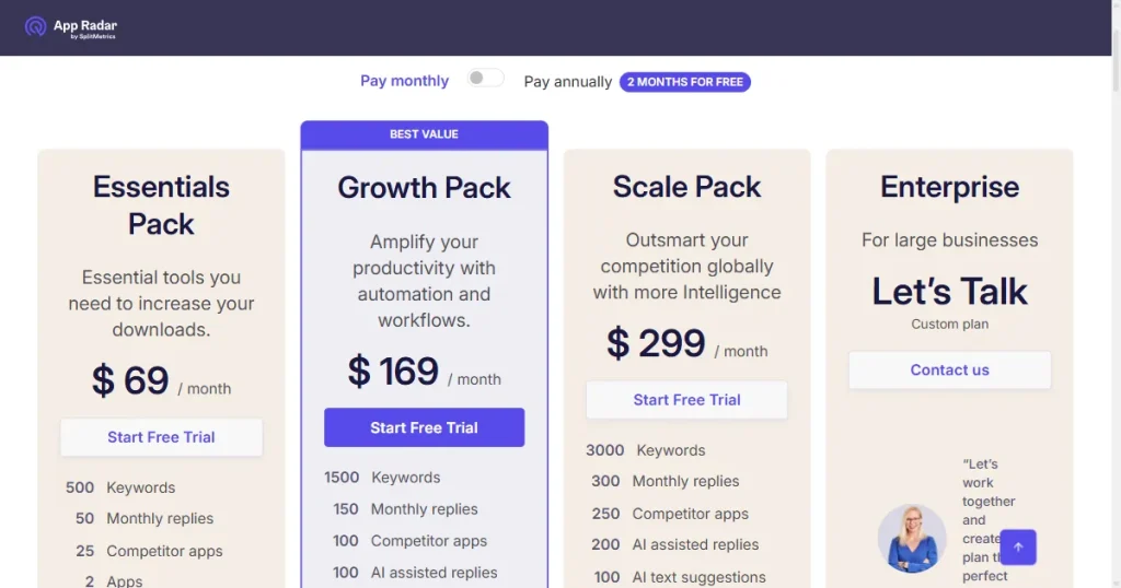 App Radar pricing page