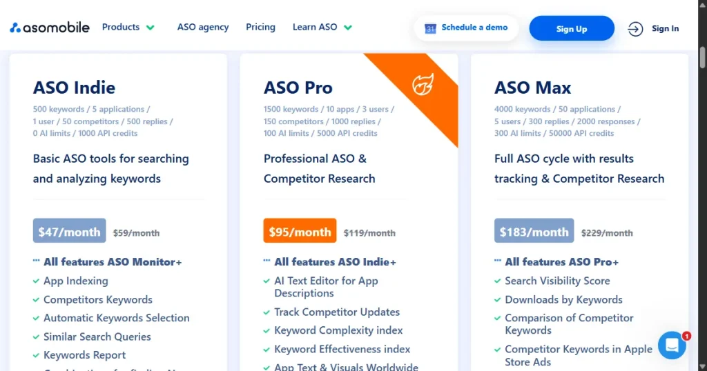 ASOMobile pricing page