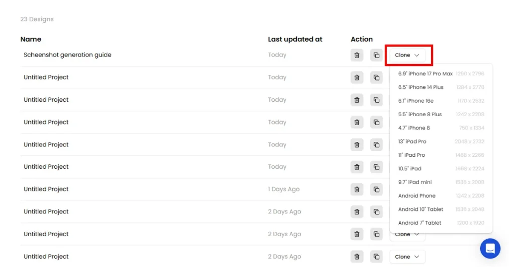 Cloning screenshots to different devices