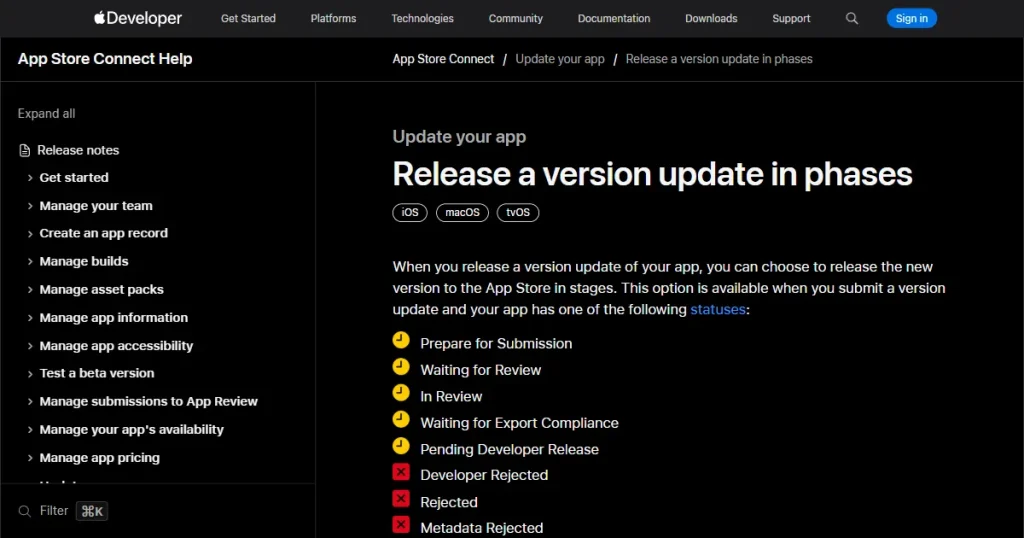 Apple guidelines pages on app updates
