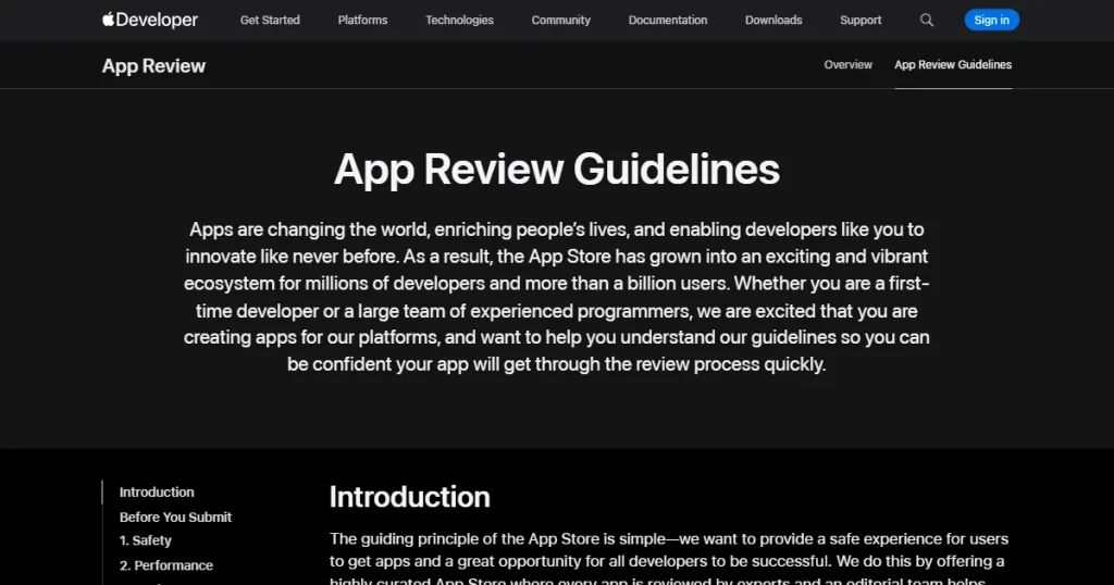 Apple’s App review guidelines page