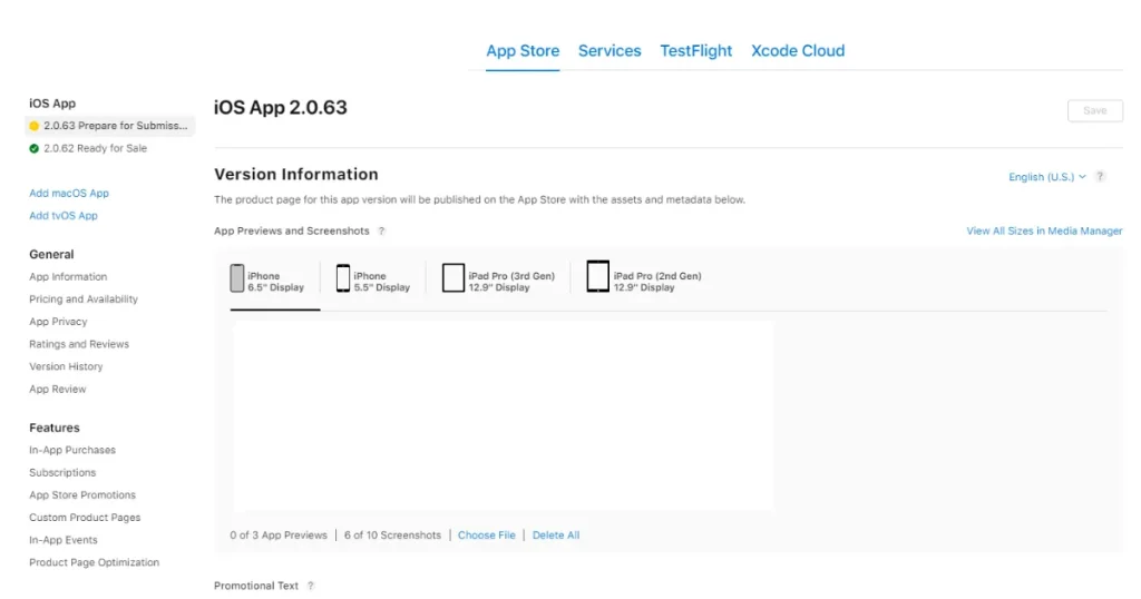App Store Connect App subsection