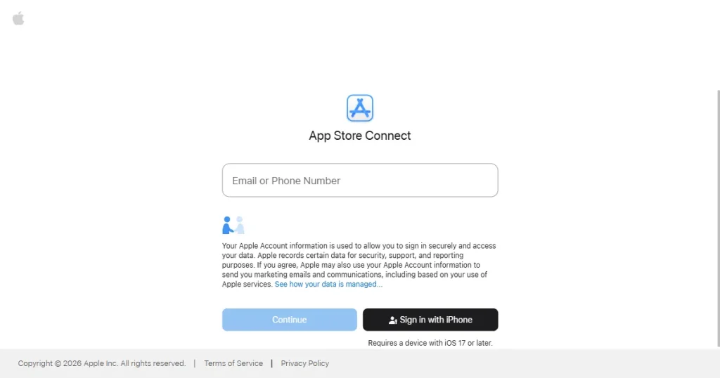 App Store Connect homepage