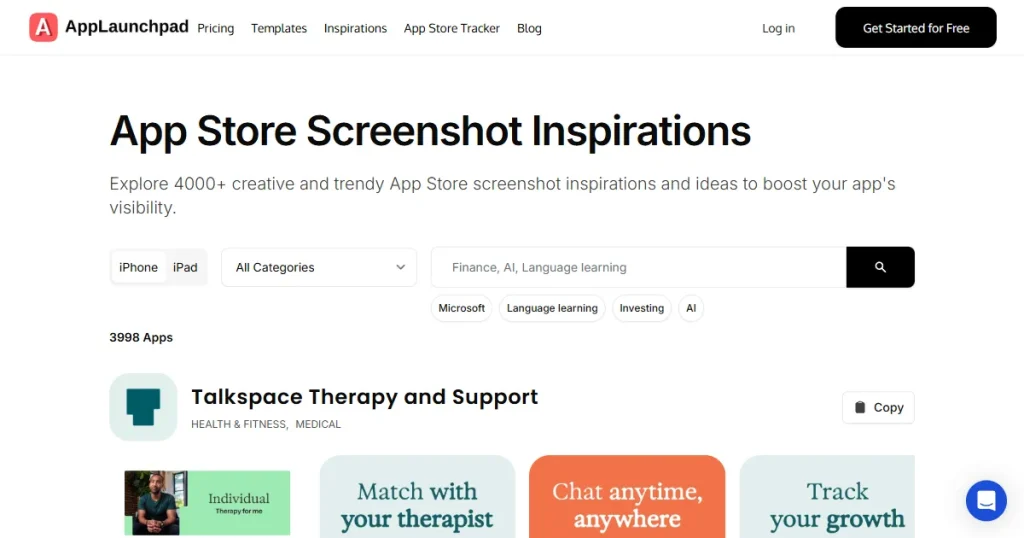 App store screenshot inspirations page