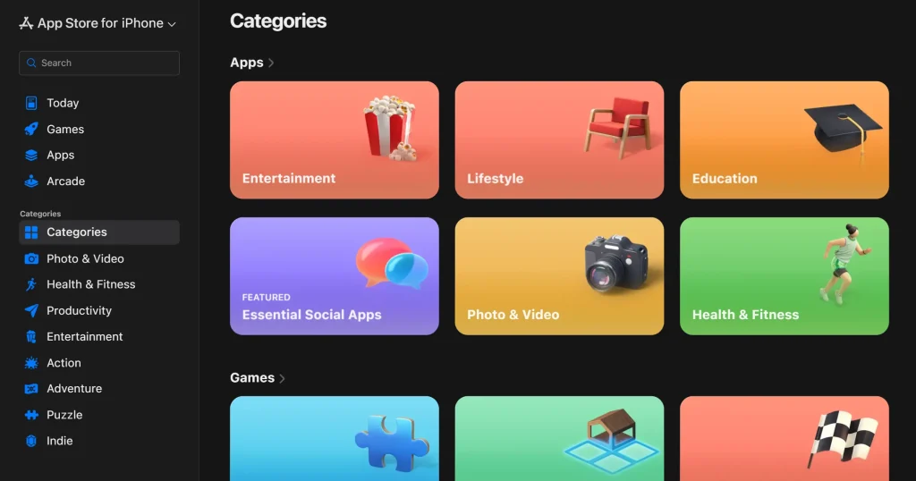 Apple App Store app categories