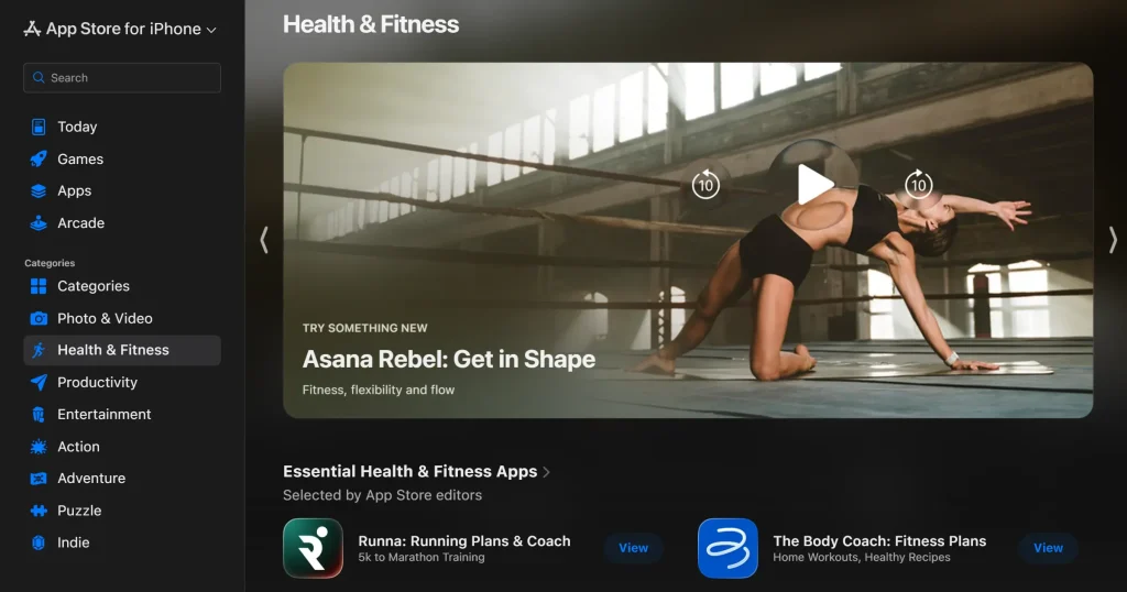Apple App Store health and fitness category