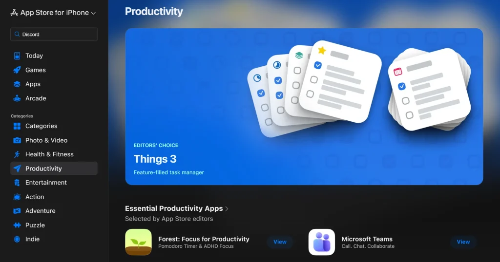 Productivity app category in App Store