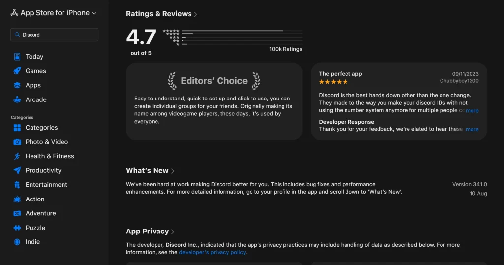 Discord App average rating on the App Store