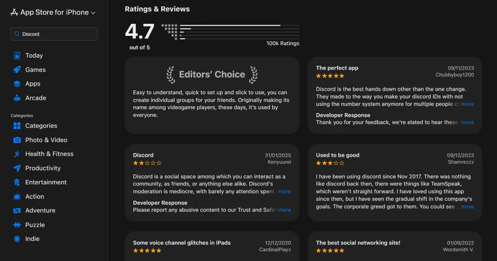 Discord user ratings and reviews