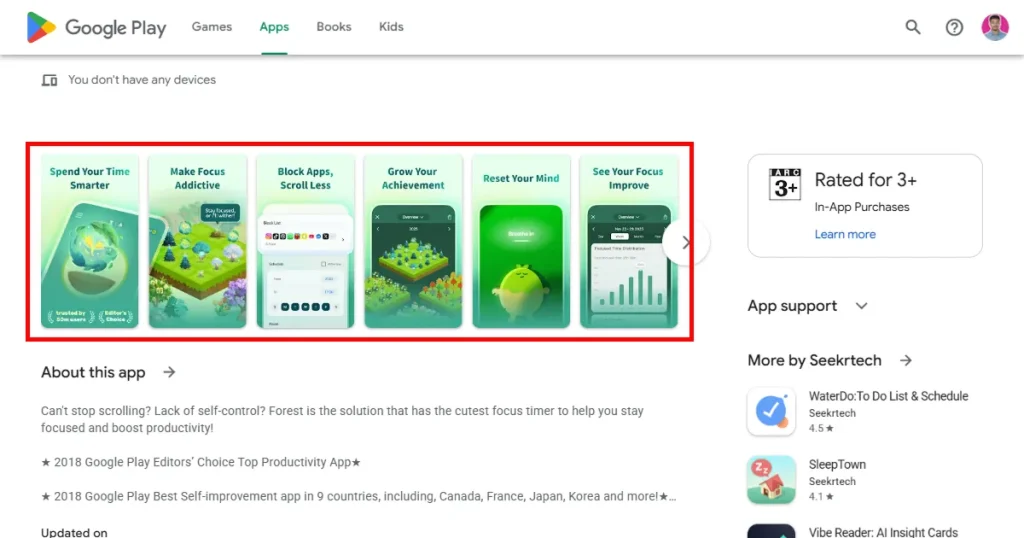 Forest App Play Store screenshots