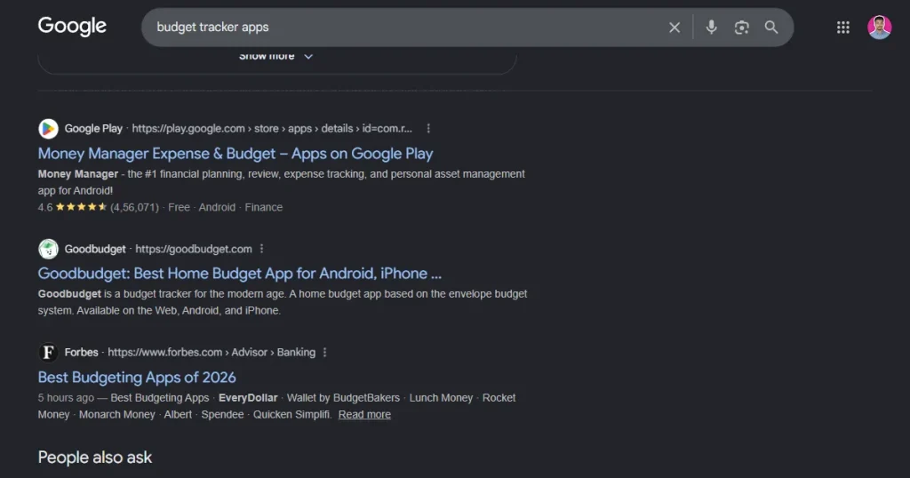 Google search results for budget tracker apps