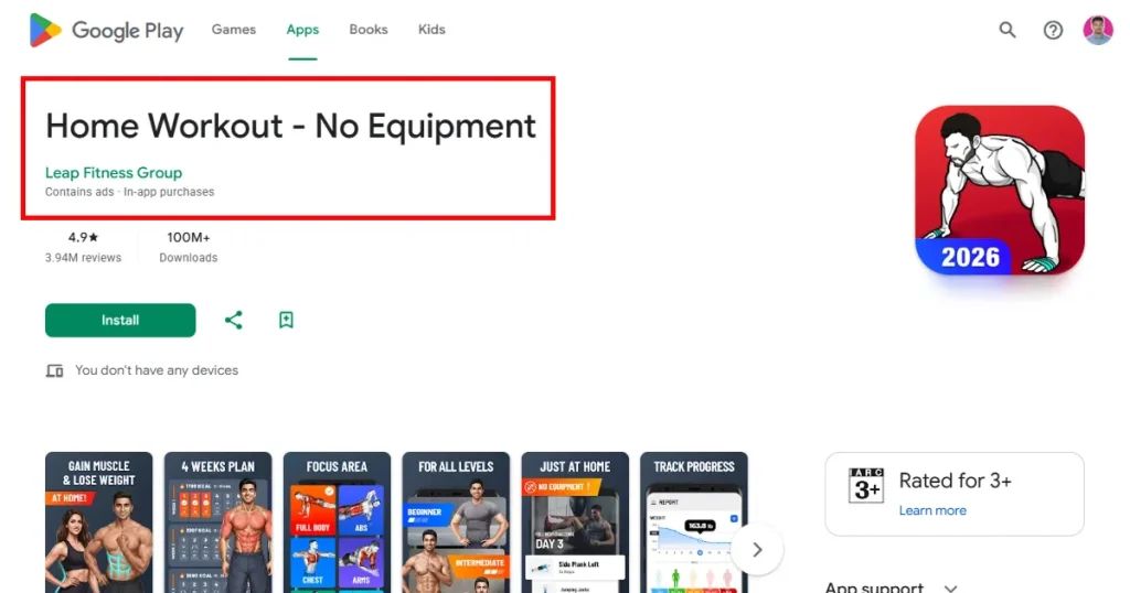 Home Workout App Play Store listing