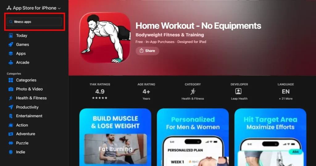 Home workout app store page