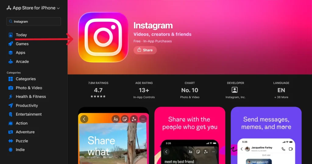 Instagram app icon on App Store