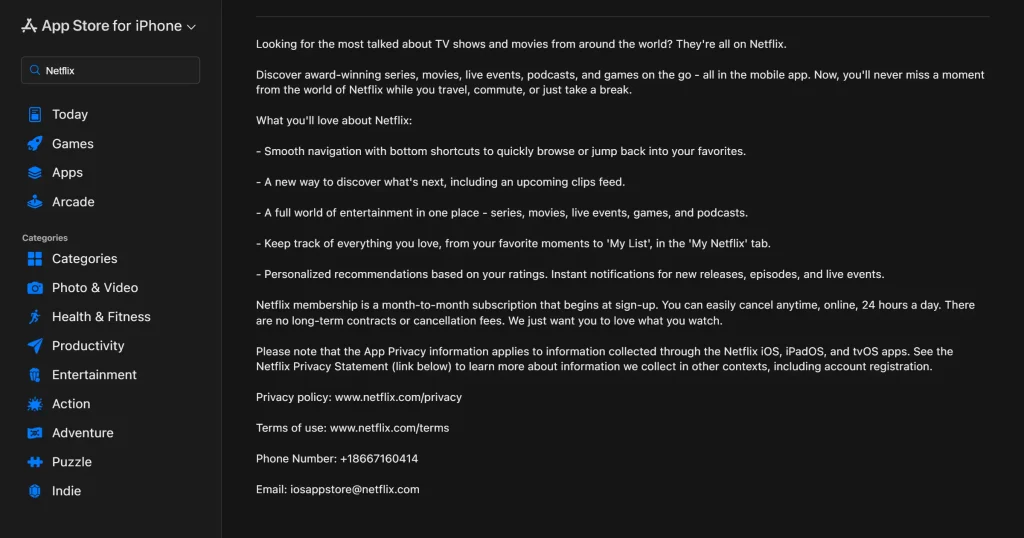 Netflix app description on App Store