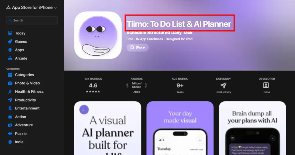 Tiimo app store listing