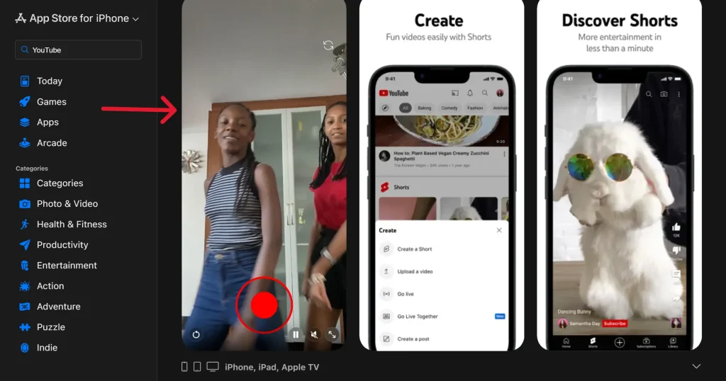 YouTube app listing on App Store