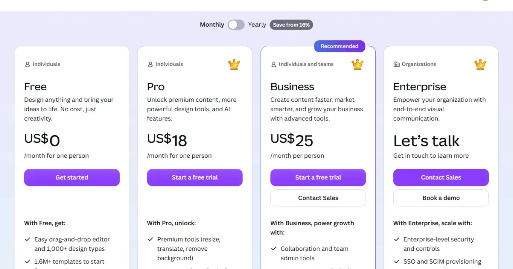 Canva pricing page