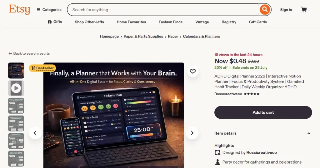Etsy store listing with iPad mockup